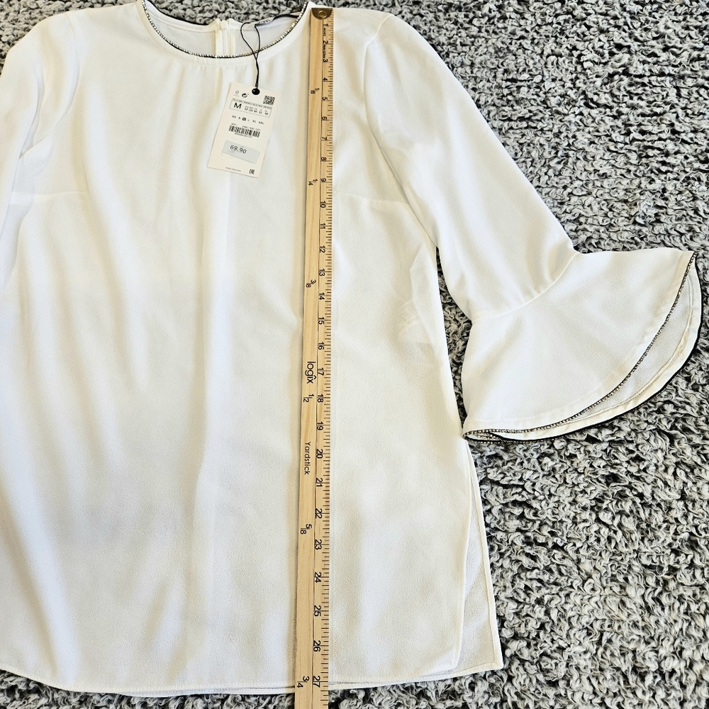 Zara White Top M Medium Flare Sleeve Rhinestones Minimalist Dressy Glam Tunic - Picture 14 of 16